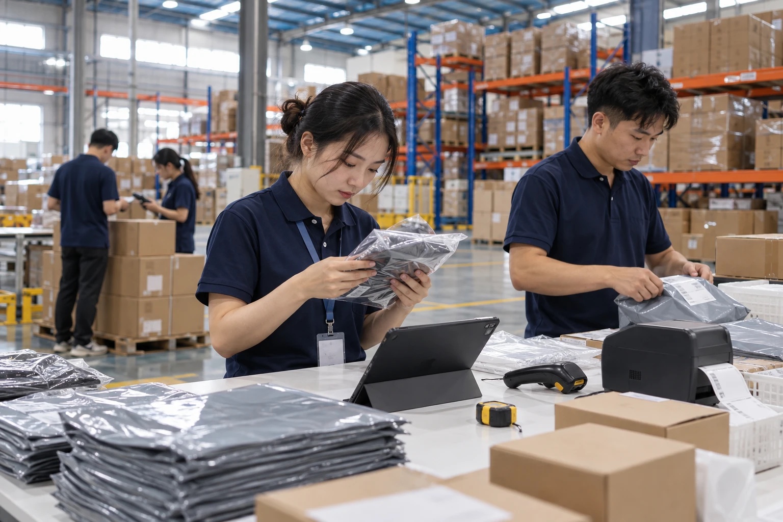 Poste de packing dans un entrepôt de fulfillment